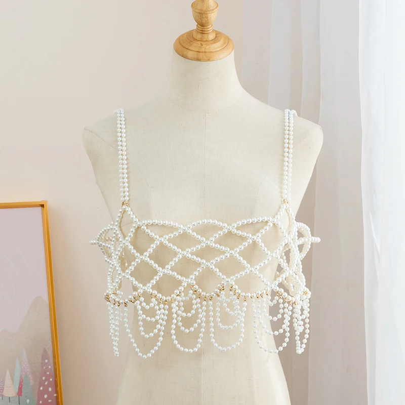 

Hand-woven Pearl Vest ins Light Luxury outside with string pearl halter vest vest jewelry