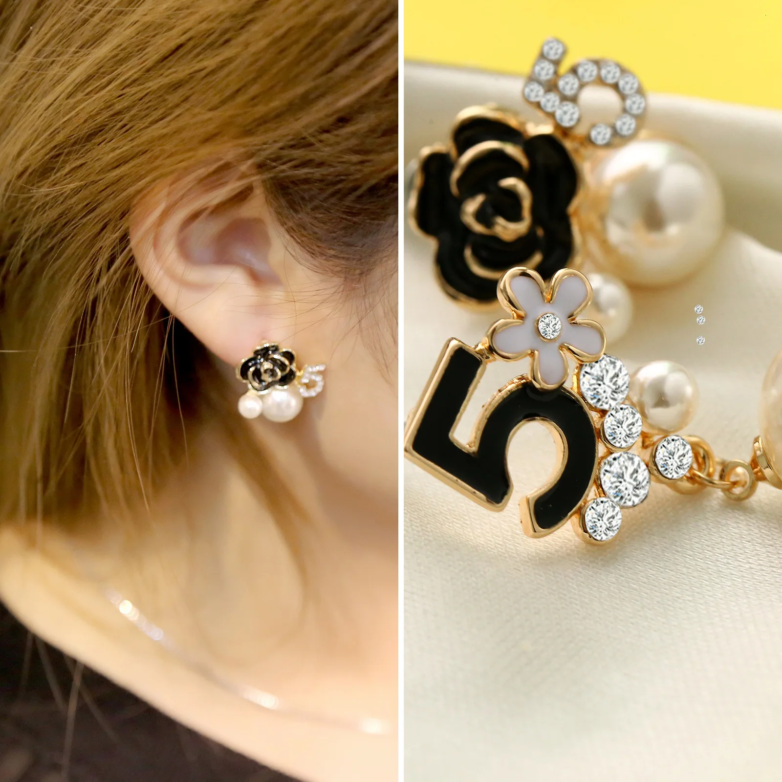 SKEDS Korean Style 5 Numbers Pearl Crystal Flower Earrings For Women Girls Fashion Camellia Elegant Lady Party Jewelry Ear Rings