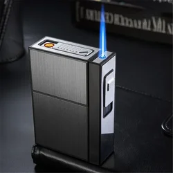 2024 New Can Hold 20 New Metal Cigarette Case Flashlight USB Lighter Windproof Jet Rechargeable Gas Lighter Men's Gadget