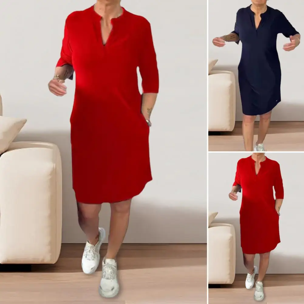 

Lightweight Midi Dress Elegant V Neck Midi Dress with Side Pockets for Women Solid Color Knee Length Pullover for Office Wear