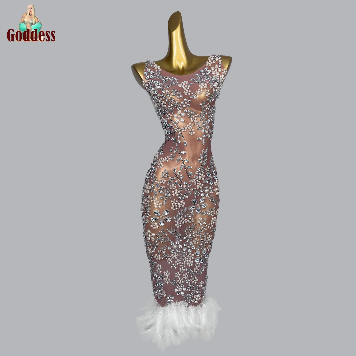 

Sexy Naked Color Pearls Dress Women Sparkly Rhinestone Elegant Evening Dress Birthday Party Mesh Dress Dance Performance Costume