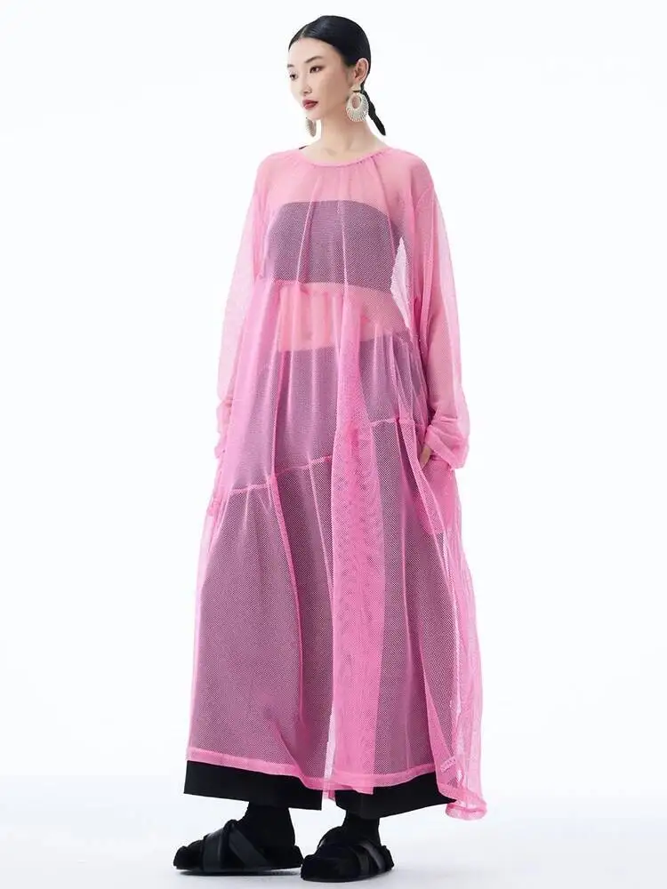 Women Black Grid Hollow Out Big Size Long Casual Dress New Round Neck Long Sleeve Fashion Tide Spring Autumn