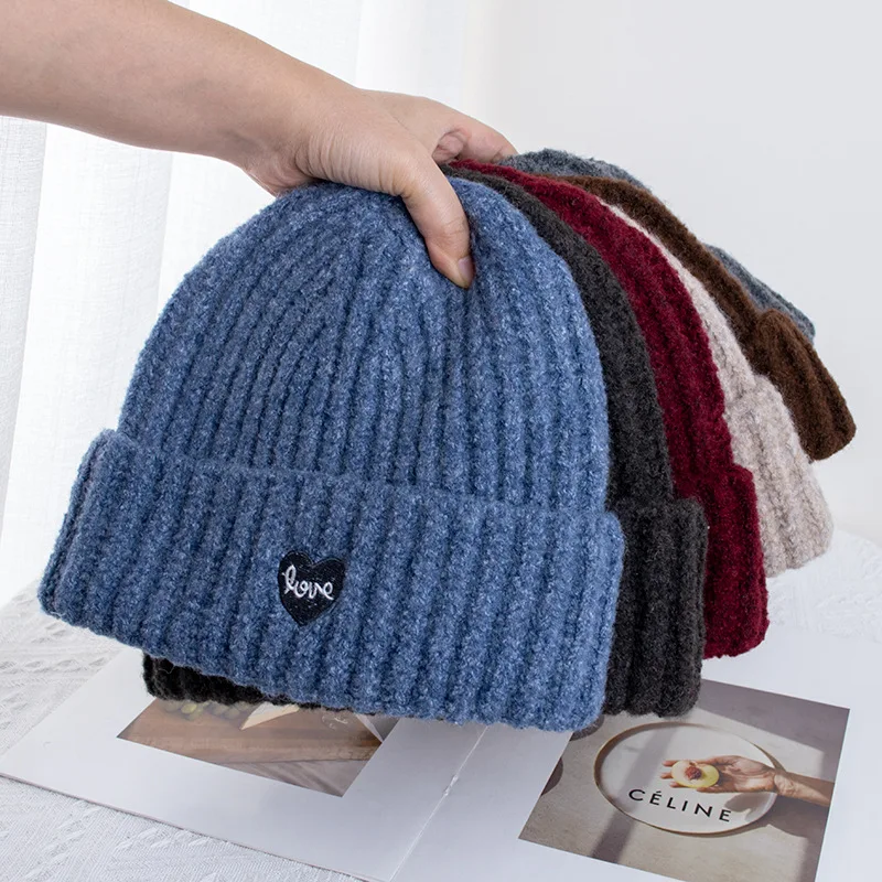 Fall Winter Wool Cashmere Knitted Hat for Women Girls Warm Ear Protection Letter Love Heart Embrodery Beanies Skullies For Men