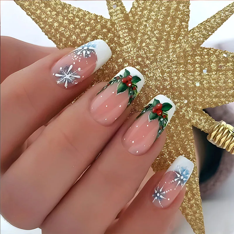 

24Pcs Long Square Press on Nails - White Border with Green Gift Bow and White Snowflakes | Christmas Party Style
