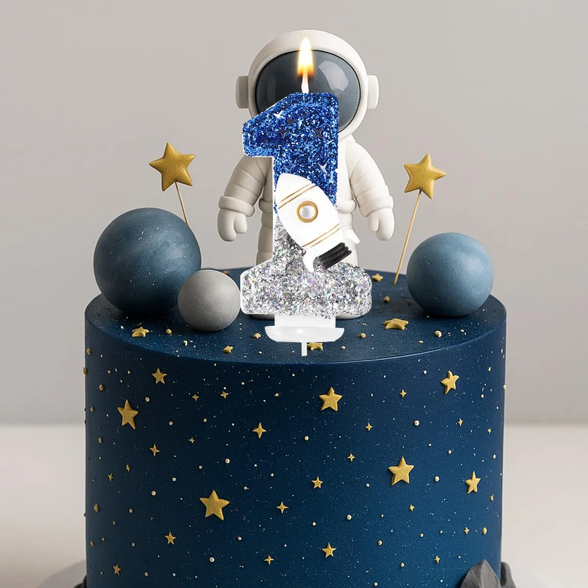 Spaceship Astronaut 0-9 Universe Sparkler Candle for Birthday Cake Boy, Topper for Party Decorations Anniversary Celebrations