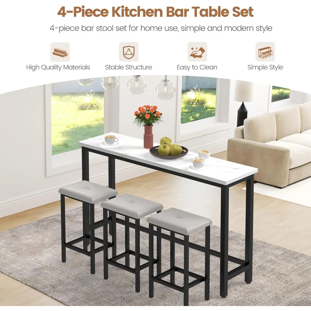 4-Piece Kitchen Bar Table Set with 3 Stools - Durable Iron Structure, Simple Style, Easy Assembly, Perfect for Small Spaces