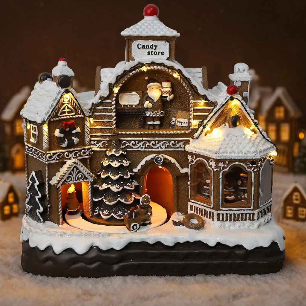 Christmas new gingerbread luminous candy house rotating train music box ornament European series decorative light room gift