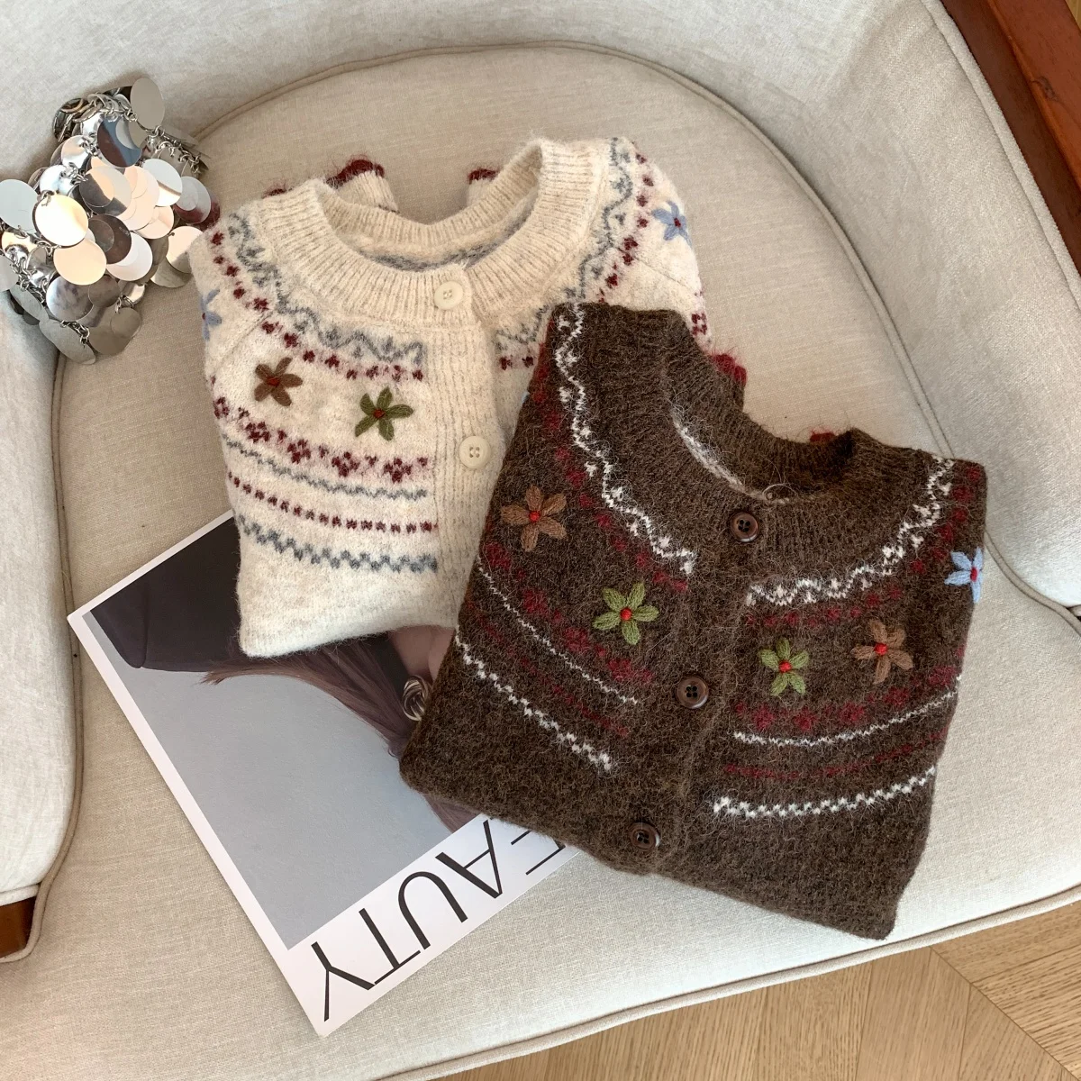 Dames abrikoos O-hals vest Japanse trui Vintage jaren 2000 Y2k Jumper Knitwear lange mouwen kasjmier trui lente herfst