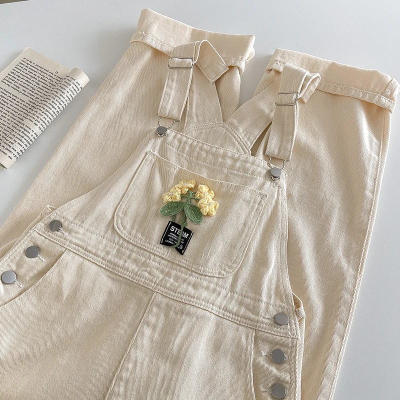 

Women Beige Denim Jumpsuit Yellow Flower Appliques Suspender Jean Pants Female Versatile Casual Streetwear Wide Leg Overalls