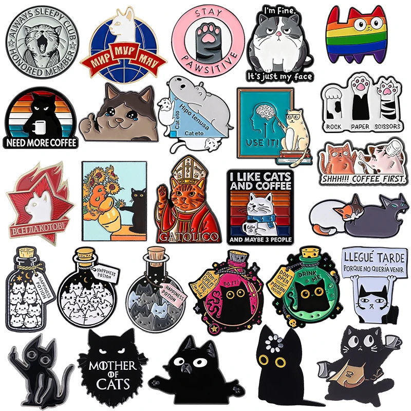 Cartoon Adorable Cat Collection Enamel Pins I Like Cats & Coffee Black Cat Void Spinning Loading Metal Brooch Jewelry Wholesale