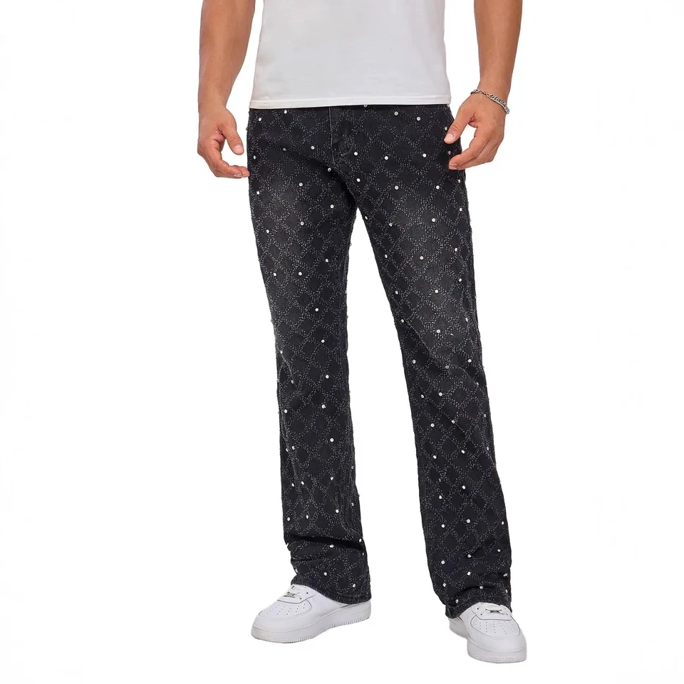 2026 Men Denim Pants Fashion Personality Straight Elastic Pearl Layered Design Casual Long Jeans Men