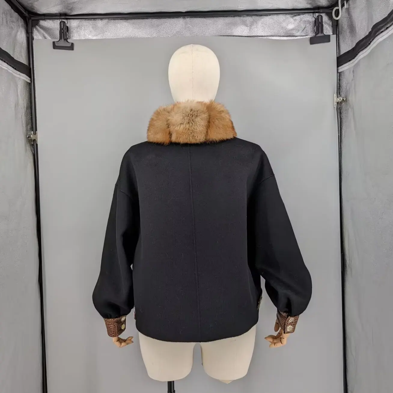 Women Black Batwing Oversized Wool Coat Real Fox Fur Front Placket Sheepskin Cuffs One Size Luxury Rich Lady Elegant Outwear0415