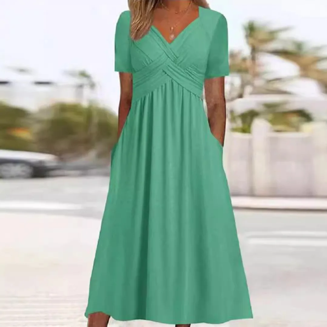 

Elegant V Neck Crossover Wrap Bust Dresses Women Solid Color Short Sleeve Summer Casual Dress Female Side Double Pockets Gown