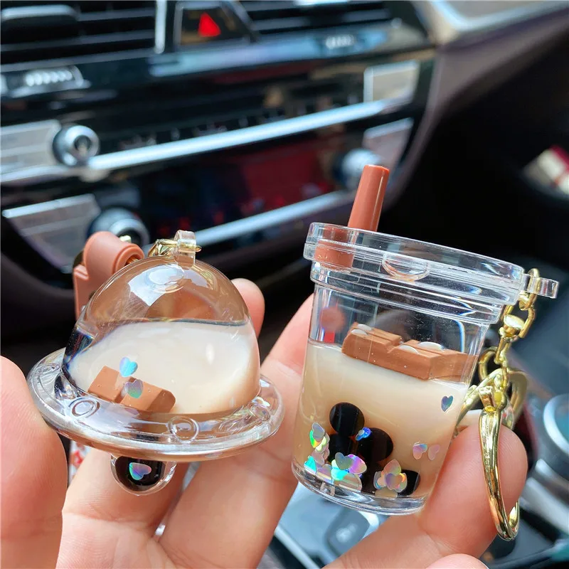 3pcs Creative Floating Half Sugar Chocolate Bubble Tea Cup Keyring Cute Warm Pot Bottle Cloud Liquid Key Chain Women Bag Pendant