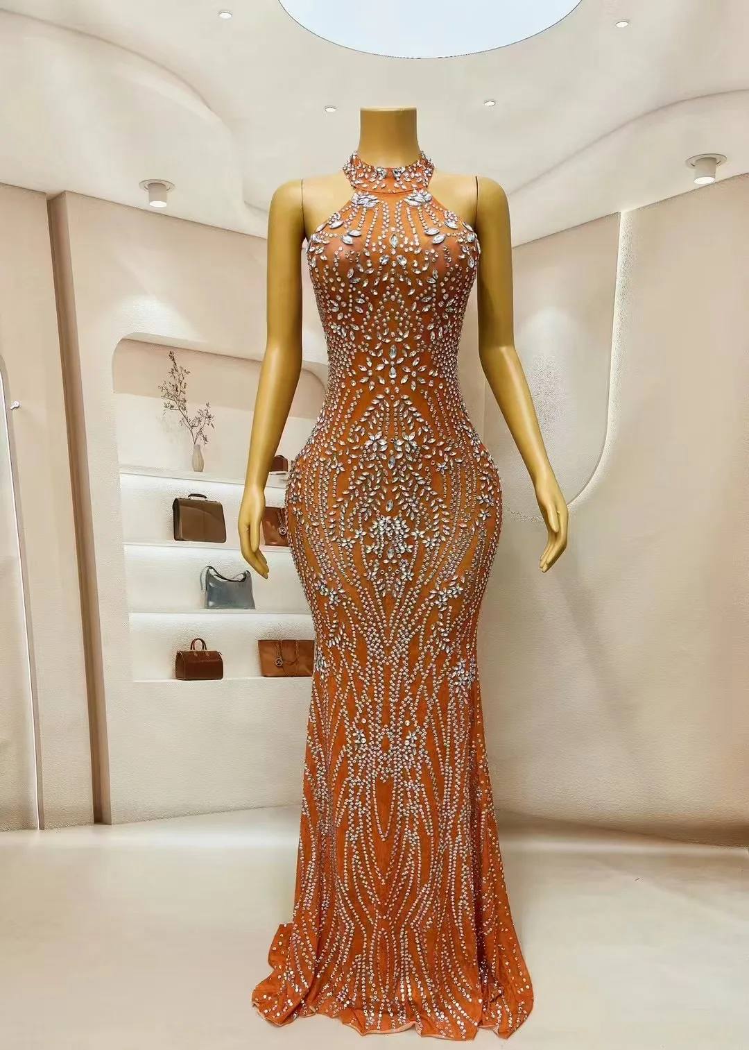 Women Luxury Orange sparkle Rhinestones Sleeveless Long Dress  Sexy Stage Outfit Dance Stage Show Wedding Party club Costume