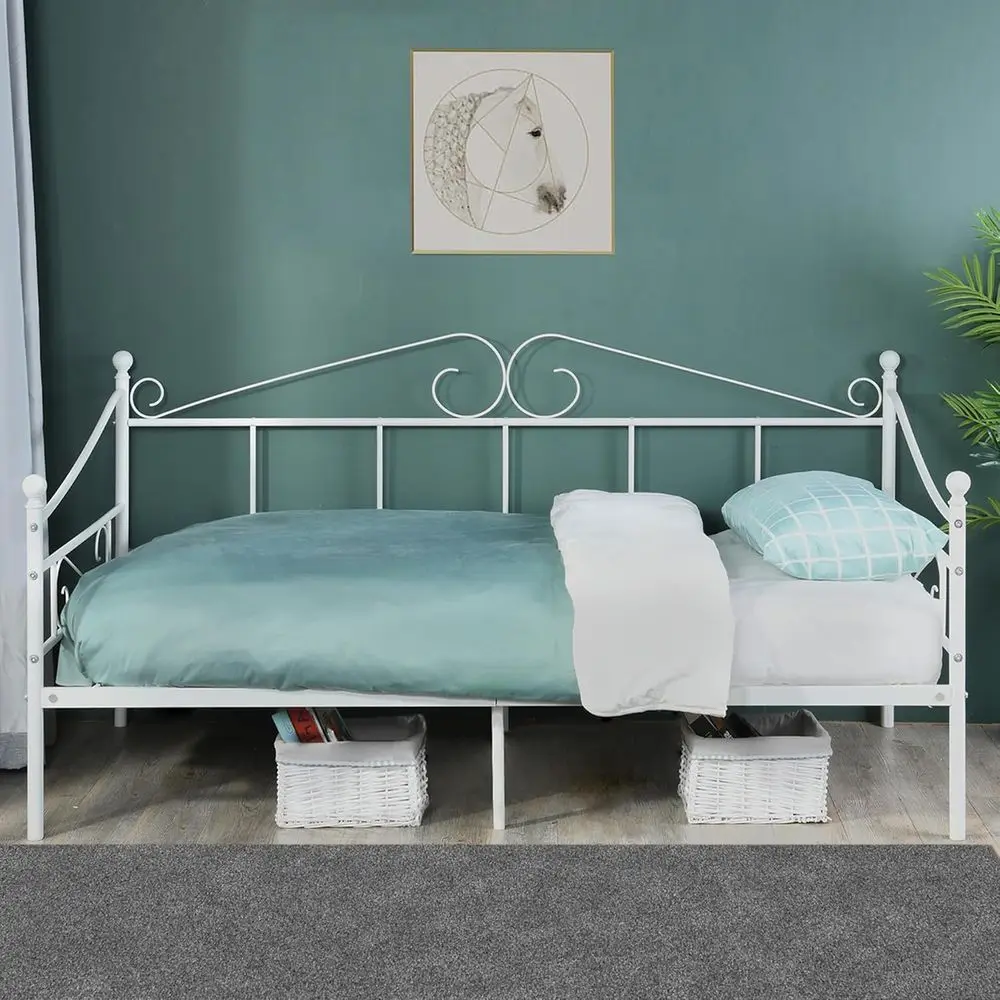 Rangka Tempat Tidur Twin dari Logam Putih dengan Sandaran Kepala, Platform Kasur, dan Pilihan Tempat Tidur Sofa untuk Ruang Tamu/Kamar Tamu