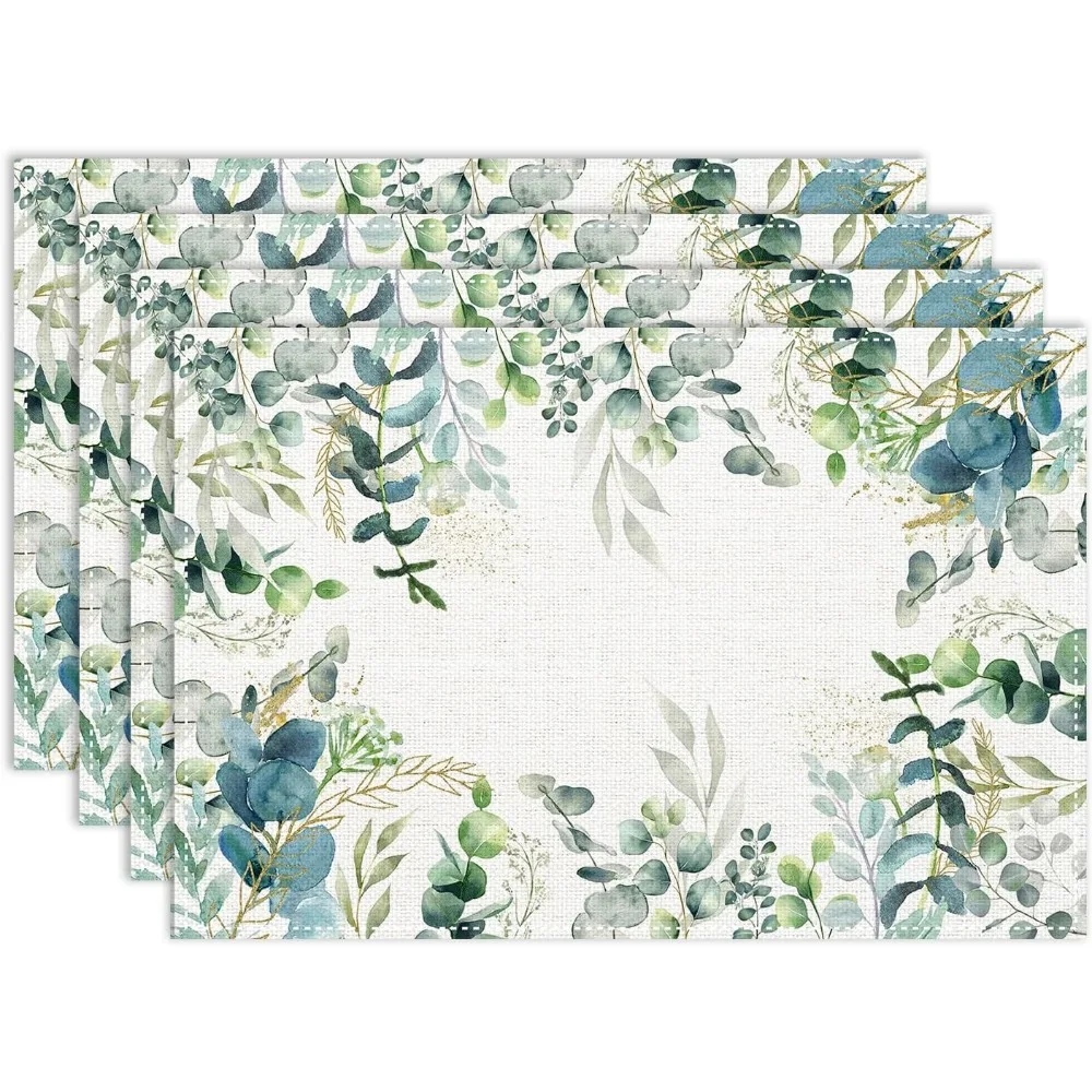 Eucalyptus Placemats Set Seasonal Floral Blue Spring Summer Green Plants Coffee Table Mats for Party Kitchen Dining Decoration