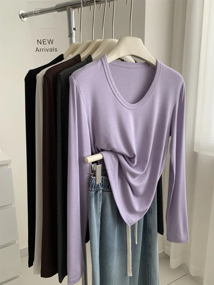 Acetate Wool Blend U-neck Long Sleeve Tops Autumn Winter Soft Slim‑Fit Minimalist Casual Layering Top