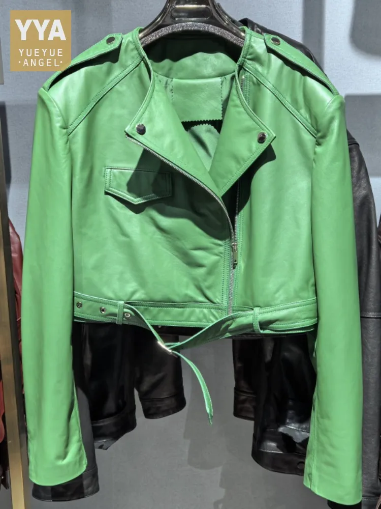 Giacca bomber da donna in vera pelle di alta qualità da ufficio, tinta unita, girocollo, cerniera, maniche lunghe, cappotti slim in pelle di pecora