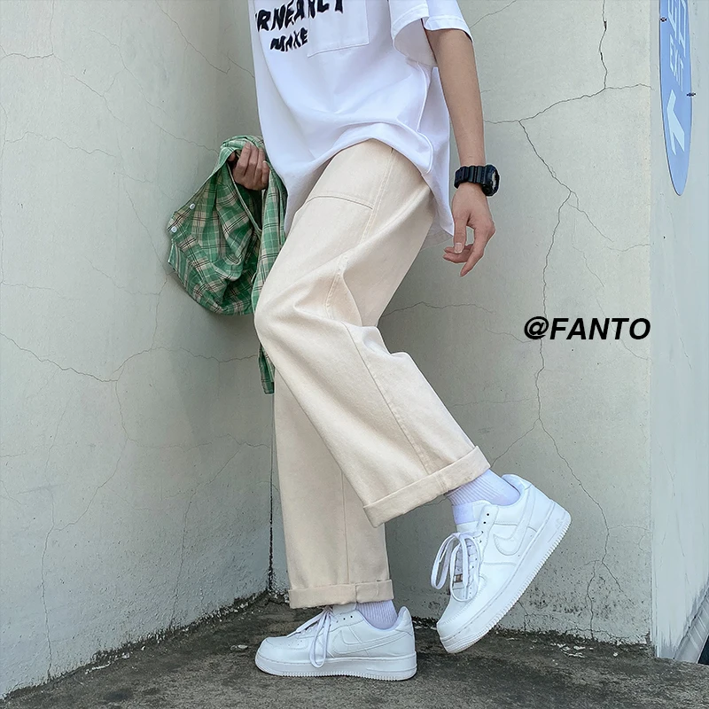 

100% Cotton Beige Pants Men Fashion Black Casual Pants Men Japanese Streetwear Loose Straight Wide Leg Pants Mens Trousers M-2XL