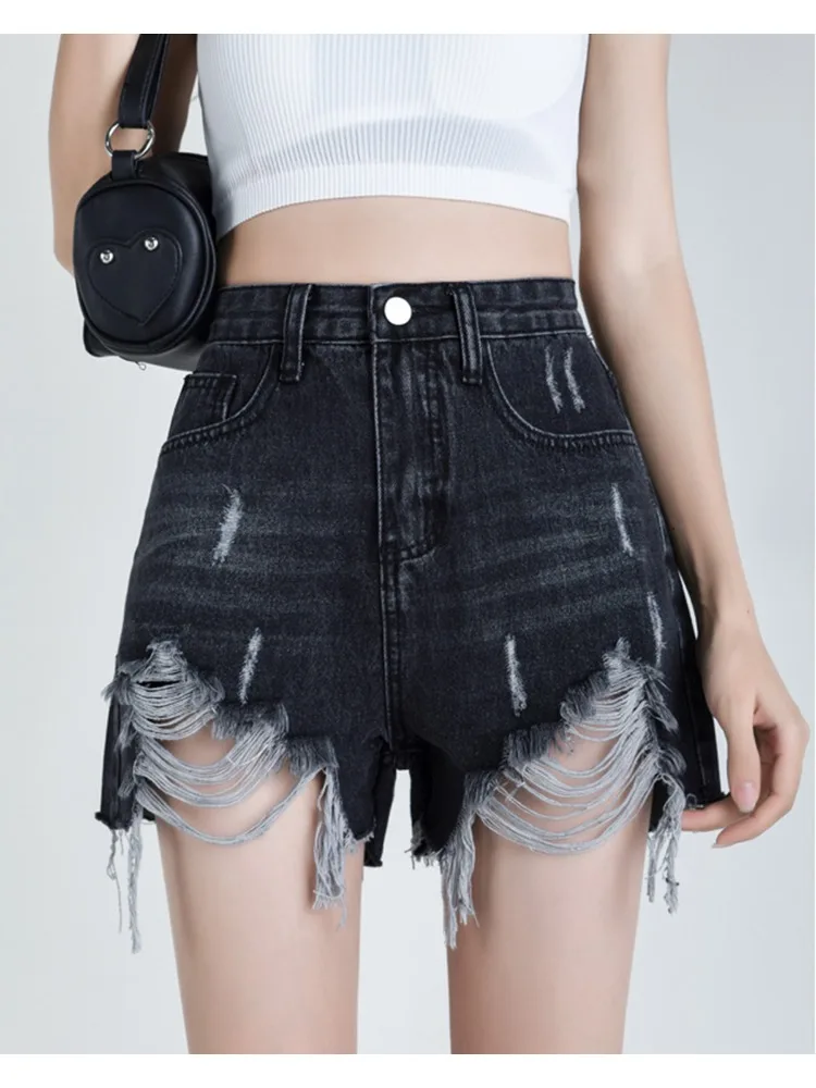 FTLZZ Summer Women Ripped Denim Shorts Casual Lady Empire Slim Denim Shorts Female Button Zipper Shorts