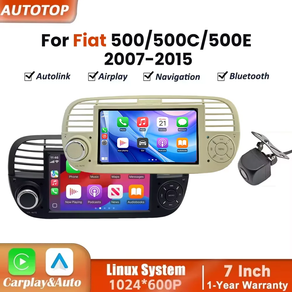 Autoradio con schermo touchscreen da 7 pollici 1024*600P, Linux, wireless, CarPlay, Android Auto per Fiat 500 500C 500E Abarth 2007 2008 2009 2010 2011 2012 2013 2014 2015, sistemi intelligenti