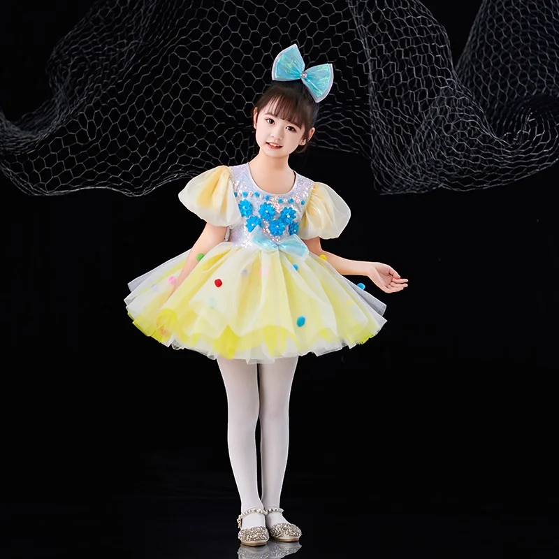 Lantejoulas flowe dança traje meninas lírico contemporâneo freestyle rosa amarelo azul moderno vestido de dança meninas criança crianças