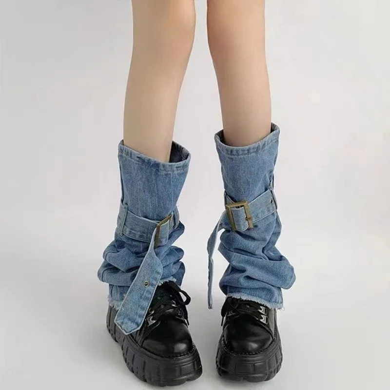 Women Blue Leg Warmer Punk Buckled Strap Distressed Jeans Leg Cover Flared Socks