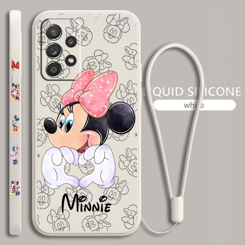 Pink Minnie Cartoon For Samsung Galaxy A73 A54 A34 A53 A33 A52 A32 A22 A71 A51 A21S 4G 5G Liquid Left Rope Phone Case Coque Capa