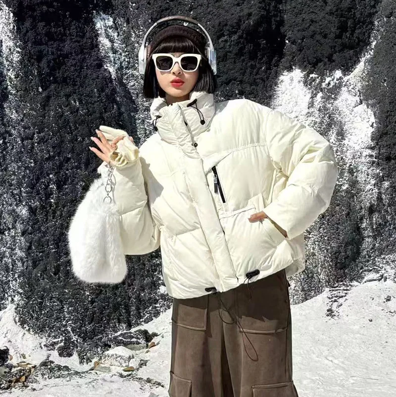 

Winter Short Solid Stand Collar Down Jacket Female Drawstring Zipper Warm Outwears Women White Duck Down Parker Down Jackets