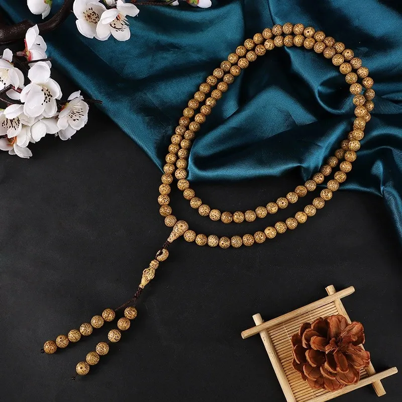 Natural Golden Buddhist Bead Bracelet, 108 Beads, Chicken Oil Yellow Star Moon Bodhi Seed Ornament