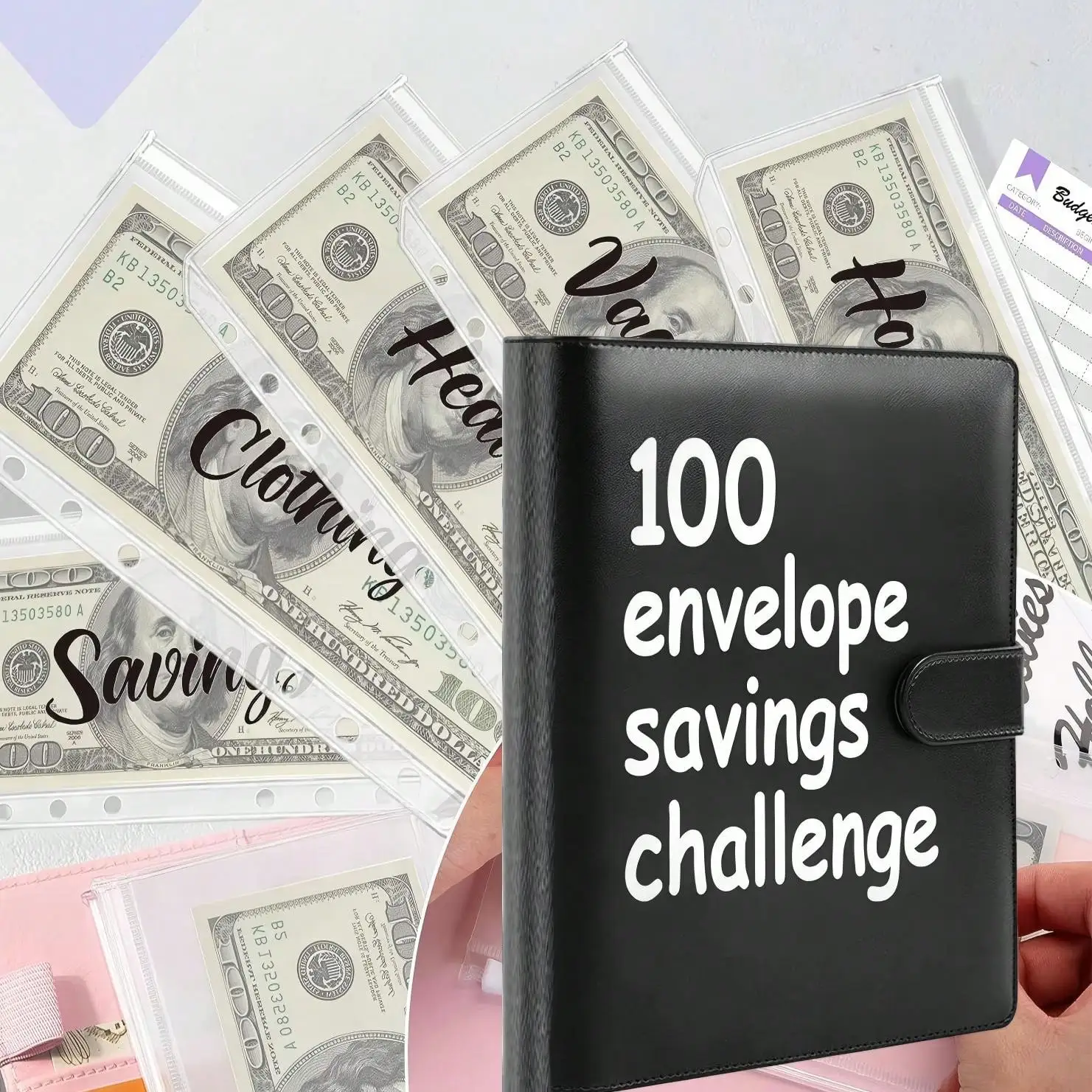 100 Envelope Savings Challenge Binder, PU Leather Money Saving Challenge Book With Cash Envelopes, Budget Planner Notebook For Household Budgeting, Money Saving Organizer For Financial Management