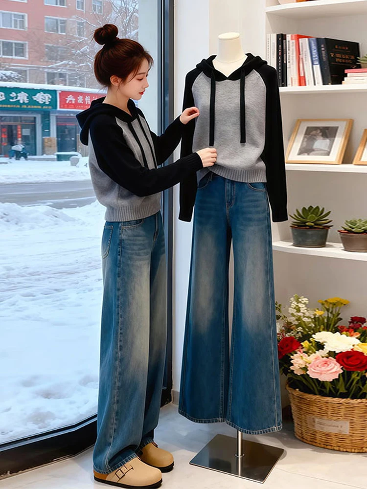 

Цветной трикотаж с капюшоном и вставкой на плечах, мягкий свитер, женский зимний повседневный свободный крой, длинный свек, внутренняя и верхняя одежда