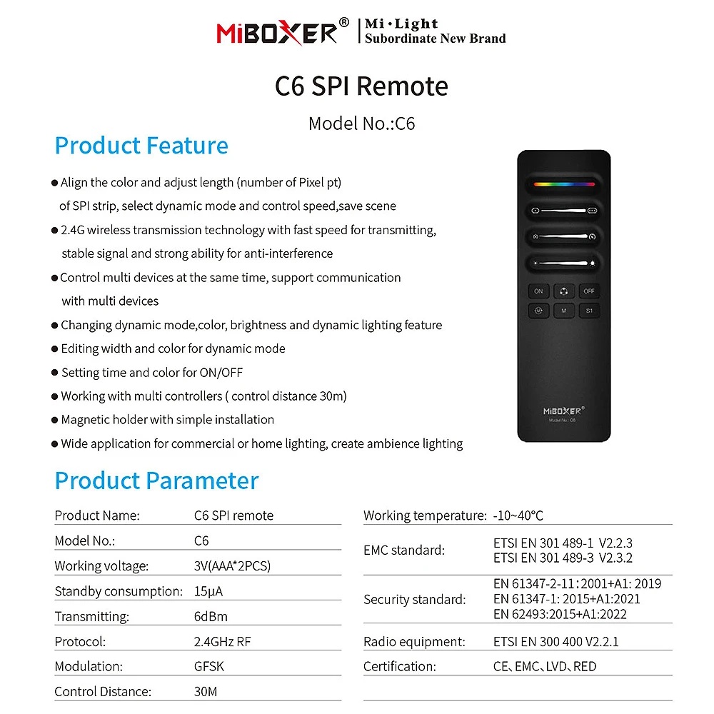 Miboxer C6 2,4 GHz 3w1 SPI pojedynczy kolor/RGB/RGBWIC sygnał TTL pilot dla WS2811 WS2812 WS2815 kontroler taśmy pikselowej LED