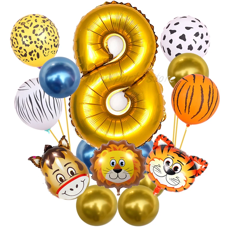 0-9 Years Old Birthday Party Balloon Set Children Tiger Lion Donkey Animal Aluminum Foil Balloons Jungle Theme Ballon Decoration