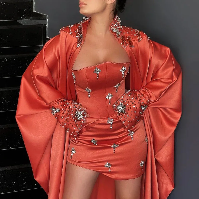 فساتين كوكتيل حمراء فاخرة بأكمام طويلة مطرزة لحفلات أعياد الميلاد فساتين حفلة موسيقية قصيرة لحفلات العودة للوطن حسب الطلب #2