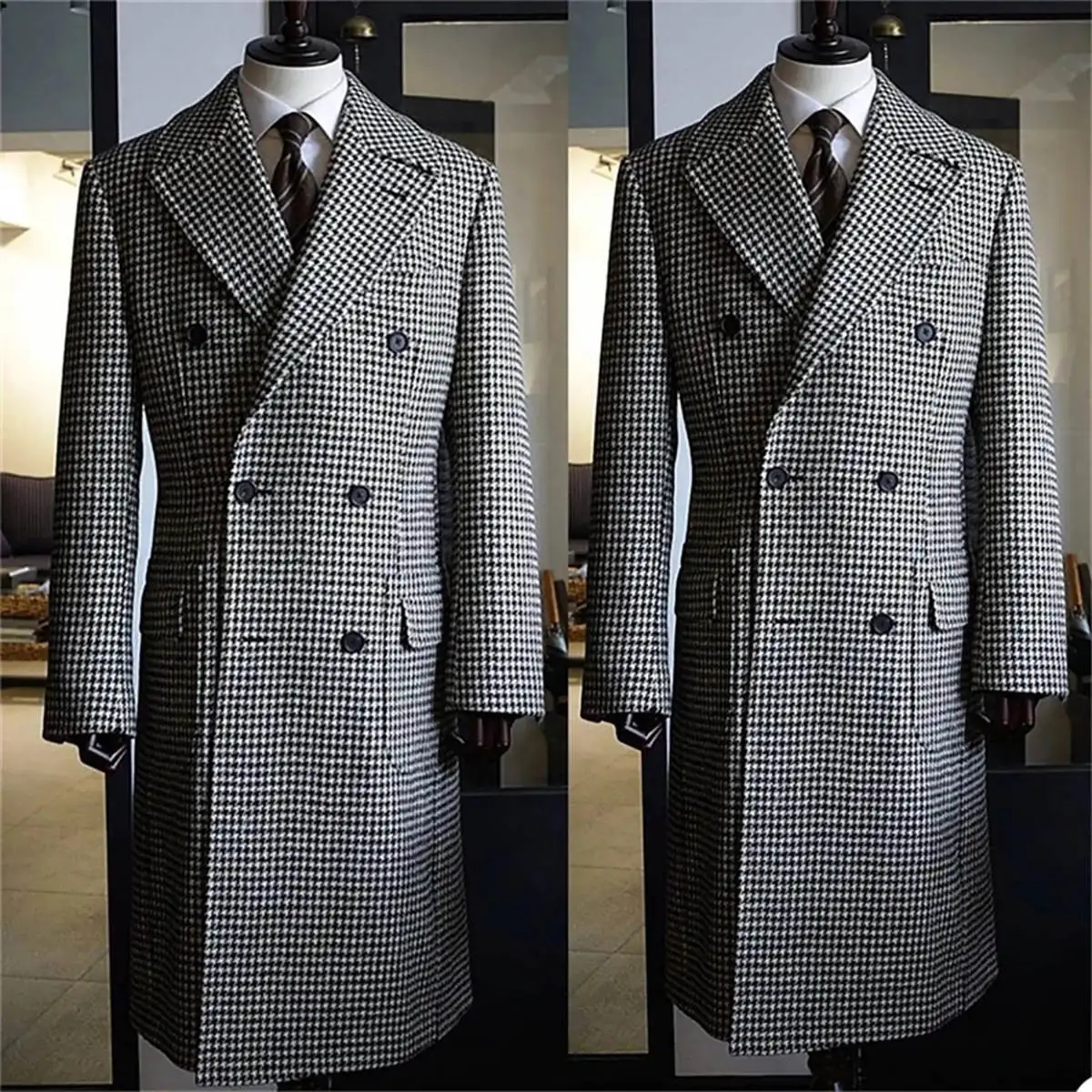 

Houndstooth Men's Suits Blazer Causal Leisure Sports Formal Slim Fit Tailored Long Coat