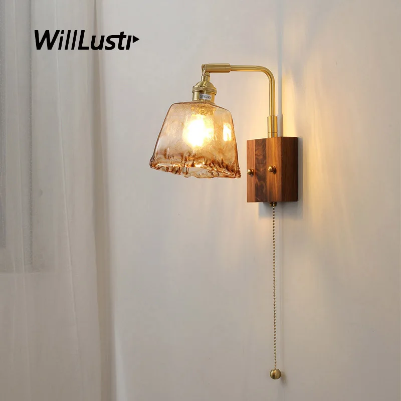 

Vintage Copper Wall Lamp Japan Style Wood Sconce Hotel Cafe Bar Living Dinning Bedroom Bistro Retro Glass Lighting