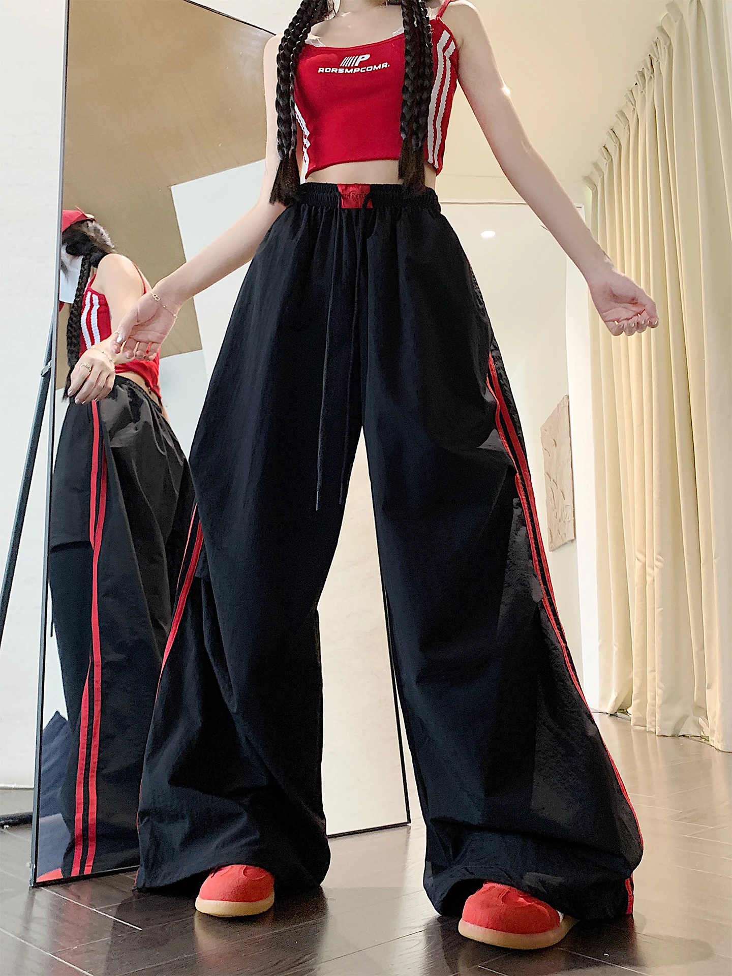 

American High Street Color Blo Stripe Paratrooper Casual Pants Men Summer Thin Loose Wide Leg Dra Floor-Length Trousers