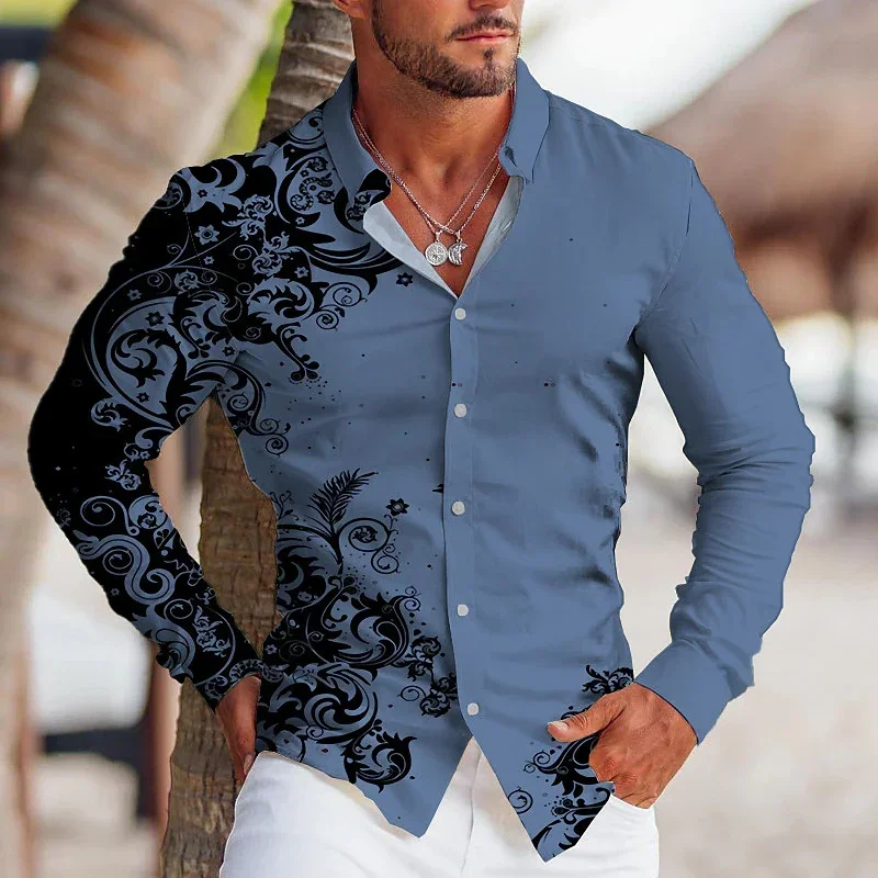 Spring and summer men's lapel suit shirt flower blue red fashion new street outdoor casual top plus size 2023 hot new