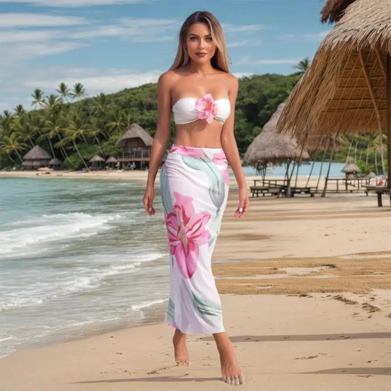 Damen Bandeau Badeanzug 3 PCs Split Badeanzug weiblicher Badeanzug mit Long Beach Cover Up Flower Print Badebode