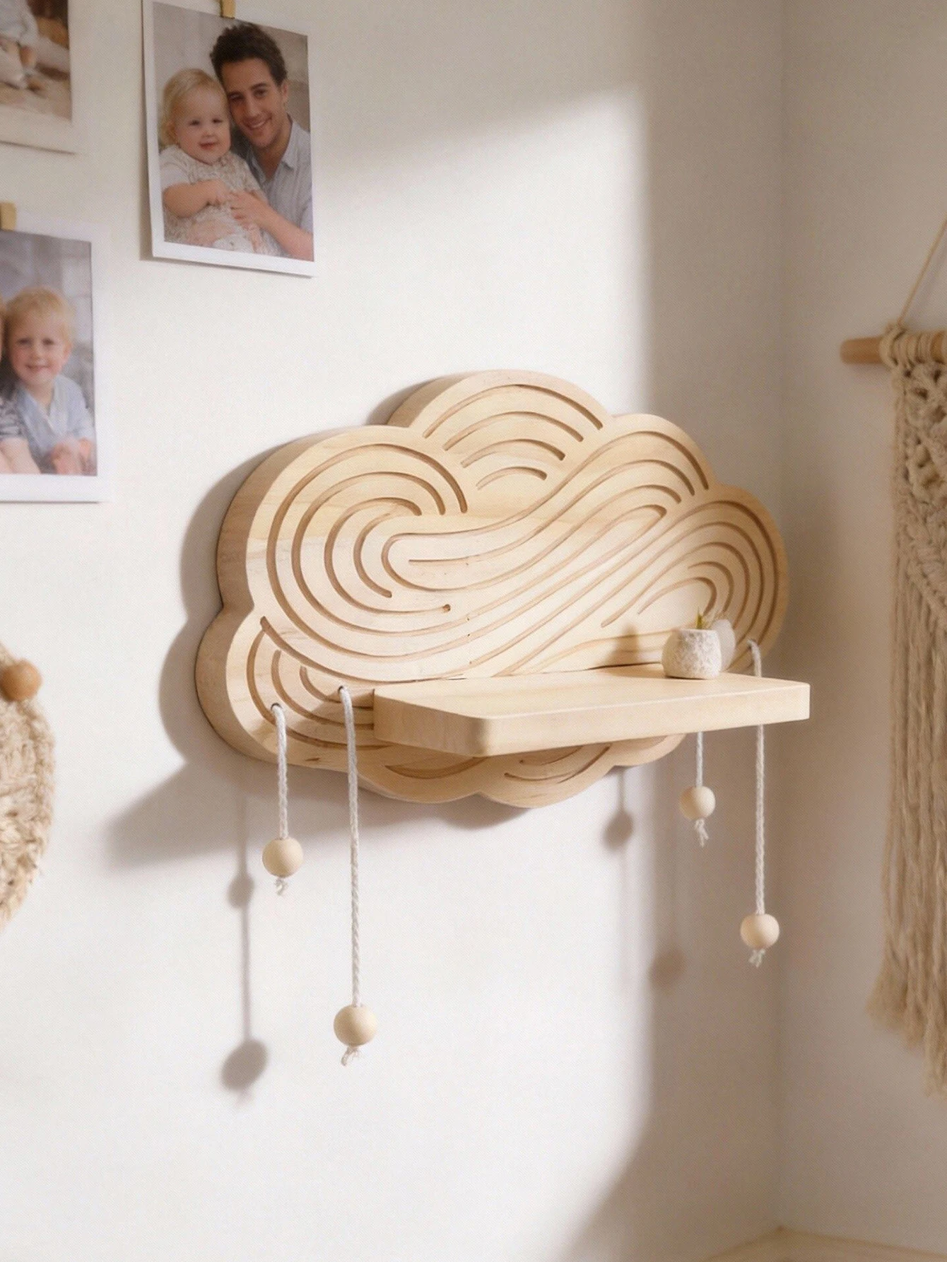 Wooden Cloud Shaped Wall Shelf with Bead Tassels Boho Floating Shelf for Nursery & Bedroom Rustic Wall Mounted Storage Organizer