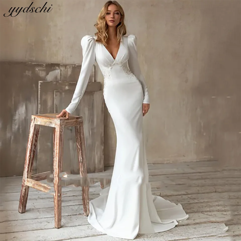 

Elegant Deep V Neck Beaded Mermaid Evening Wedding Dresses 2024 Ruffles Buttons Long Sleeves Sweep Train Bridal Gowns For Women