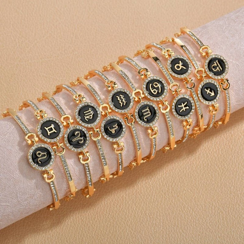 Classic Luxury Rhinestone 12 Constellation Bracelet Vintage Gold Color Zodiac Sign Bangles Women Fashion Jewelry Birthday Gifts