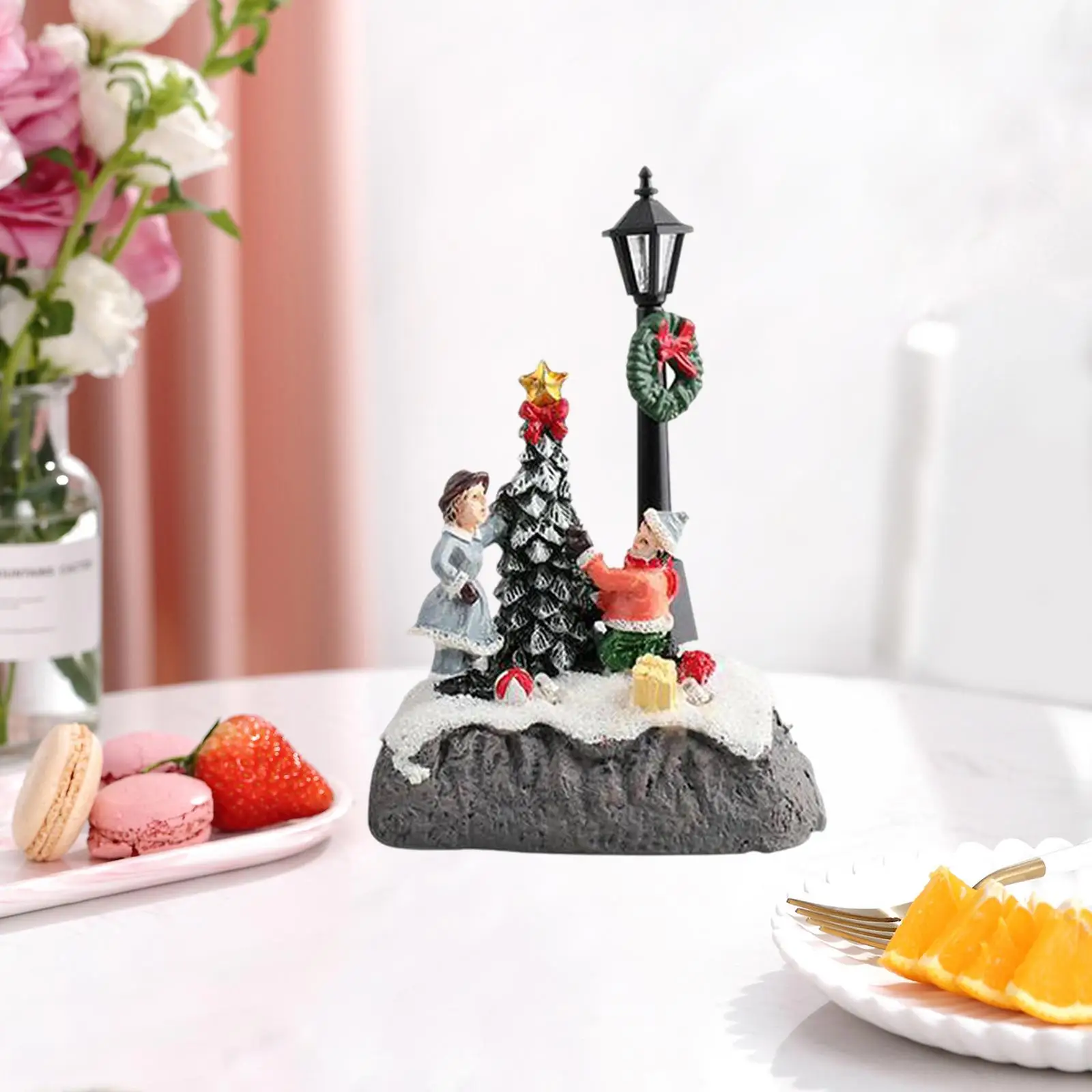 Three-dimensional Resin Xmas Scene Houses Figurines Lighted for Christmas Tree