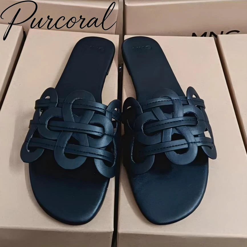 Purcoral Women Hollow Out Chain Flat Slide Sandals Open Toe Leather Slippers 2026 Summer Fashion Casual Beach Shoes