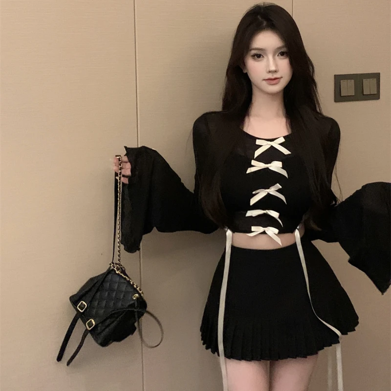 Bow T-shirt Women Autumn New Arrival O-neck Slimming Flared Sleeve Long Sleeve Short Tops Korean Style Hotsweet Female Tops