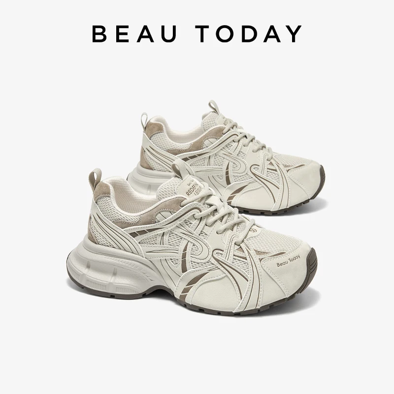 BEAUTODAY Zapatillas gruesas para mujer, de cuero dividido, colores mixtos, cierre con cordones, zapatos informales de moda para mujer, hechos a mano 29A91