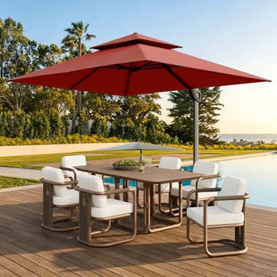 12Feet Outdoor Cantilever Patio Umbrella with 360Rotation Offset, polyester fabric, sand color, UV-resistant and tilt-adjustabl