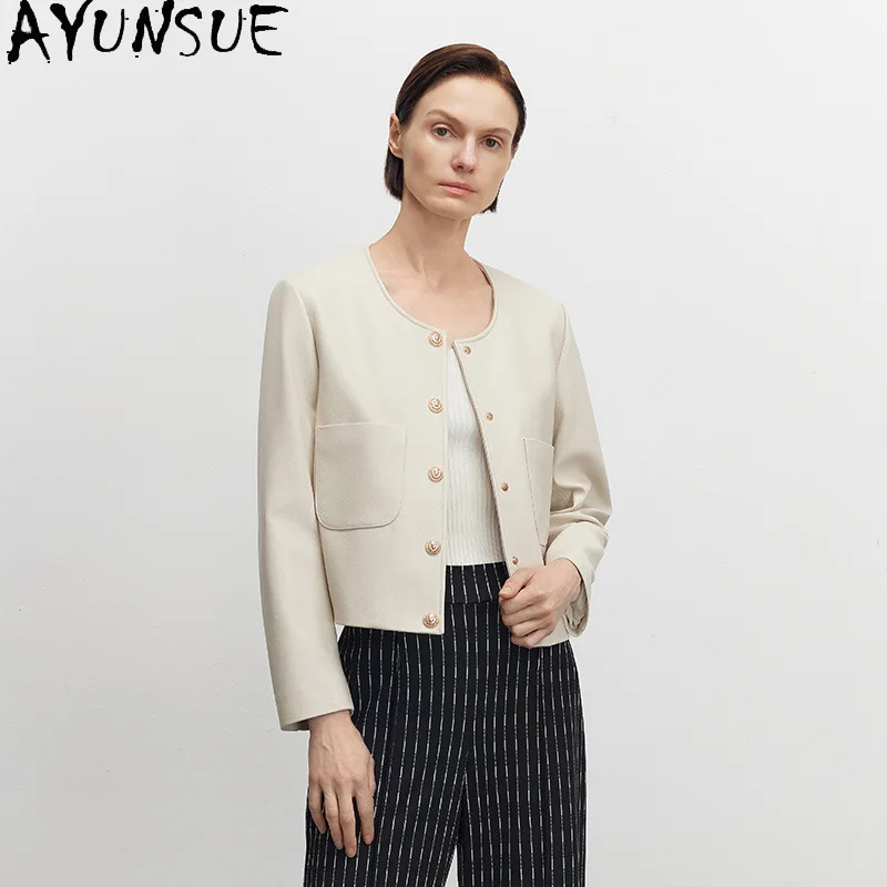 

AYUNSUE Высококачественная женская куртка из натуральной козьей кожи, короткое стильное женское пальто 2025 года, весенне-осенняя одежда с круглым вырезом Jaqueta De Couro